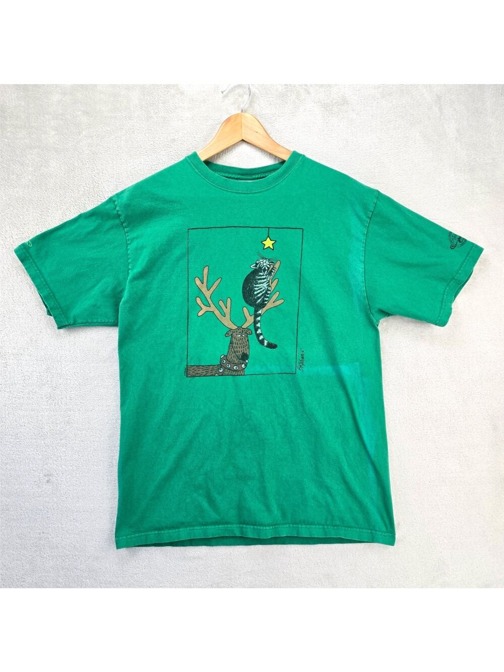 Vintage Crazy Shirts B Kliban Christmas Cat Shirt Large Green Reindeer *FLAWS*